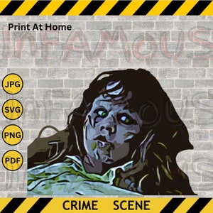 May include: A digital illustration of a pale, blue-skinned girl with long, dark hair. She is lying down with her eyes open and a distressed expression. The background is a brick wall with the text "Print At Home" and "CRIME SCENE" at the top and bottom of the image. The image is available in JPG, SVG, PNG, and PDF formats.