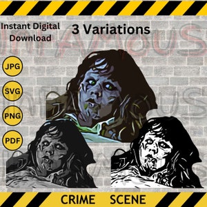 May include: Three variations of a digital illustration of a girl with long dark hair, wearing a white shirt, with a pale complexion and a creepy expression. The image is in colour, grayscale, and black and white. The text "3 Variations" is at the top of the image.