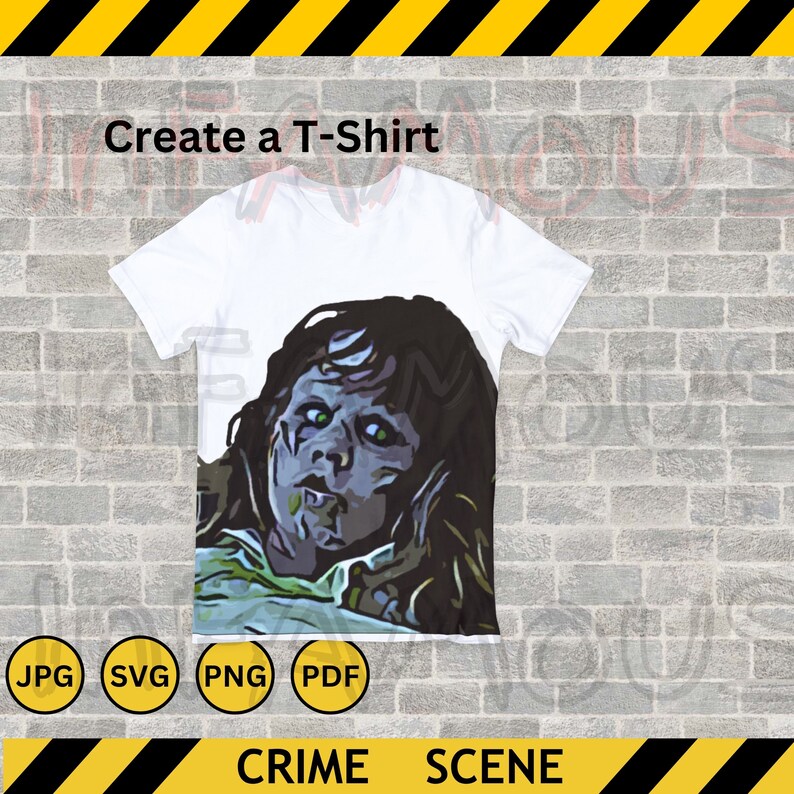 May include: A white t-shirt featuring a graphic print of a girl with green eyes and a blue face. The graphic is a cartoon style illustration of a girl from a horror movie. The text "CRIME SCENE" is printed below the graphic.