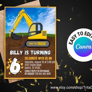 Edytowalny: Szablon zaproszenia urodzinowego Excavator Truck Digital. Wydrukuj go samodzielnie lub wyślij cyfrowo; rozmiar 5x7". Zaproszenie dla dzieci Excavator Truck