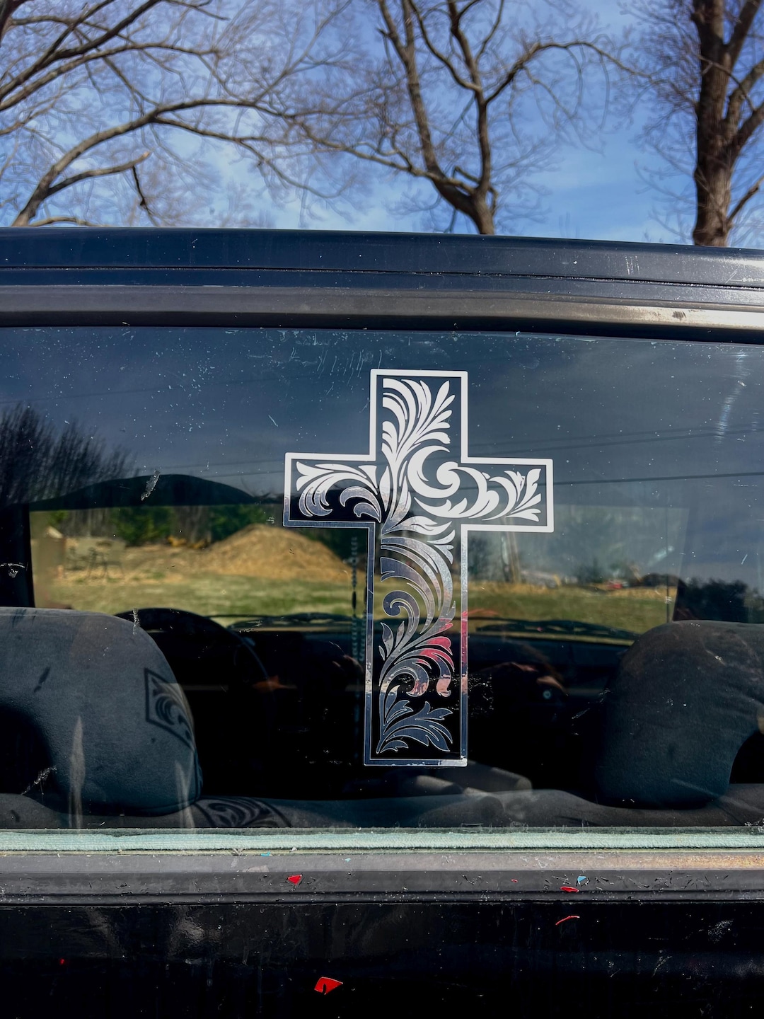 Cross Car Sticker Leather Tooled Cross Decal | Western Floral Cross Car & Truck Vinyl ...