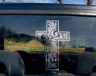 Calcomanía de cruz de cuero repujado / Calcomanía de vinilo con cruz floral occidental para auto y camioneta / Calcomanía para vehículo con fe cristiana /