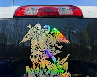 Archangel Michael Decal | Saint Michael Fighting Demon Car & Truck Vinyl Sticker | Christian Protection Vehicle Decal |