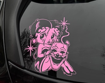 Sad Girl Clown Mask Decal | Cute Retro Crying Girl Vinyl Sticker | Aesthetic Cartoon Car Decal for Cars, Trucks & Laptops |