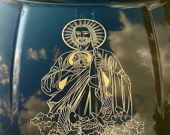 San Judas Tadeo Hood Decal | Saint Jude Religious Vinyl Sticker for Dark Cars | Catholic Truck Hood Window Decal |