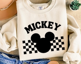 Retro Mickey Mouse Sweatshirt, Checkered Disney Sweatshirt, Disney Characters Sweater, Mickey Crew Neck, Mickey Checkered Sweater