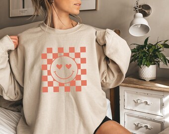Checkered Pattern Smile Face Sweatshirt - Retro Smile Face Sweatshirt, Smiley Face Sweatshirt, Crewneck Sweatshirt, Unisex Sweatshirt,