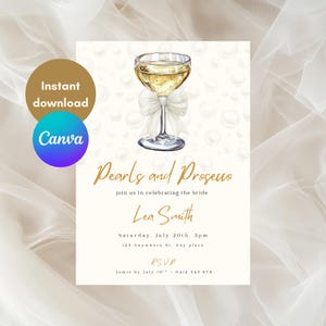 Pearls and Prosecco Bridal Shower Invitation Template | Elegant Editable Invite | Champagne Theme | Instant Download | Canva invite