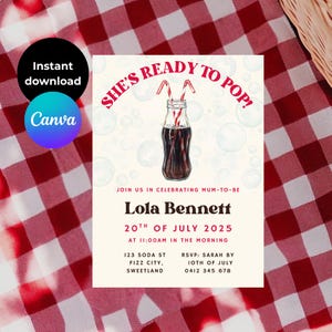 Sie ist bereit zur Babyparty-Einladung | Soda-Thema | Bearbeitbare Canva Vorlage | Babyparty einladen | Digitaler Download zum ausdrucken