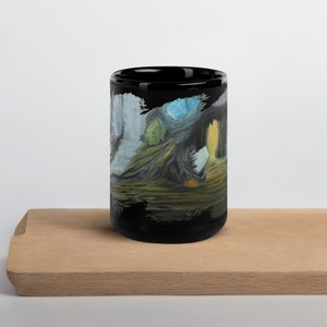 Svart glansig mugg: Oljemålning i kristallgrottor, present till konstälskare