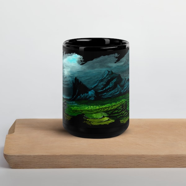 Black Glossy Mug - Obsidian Peaks original oil painting - Sublimation Mug - Mug Artwork - Art Lover Gift Idea