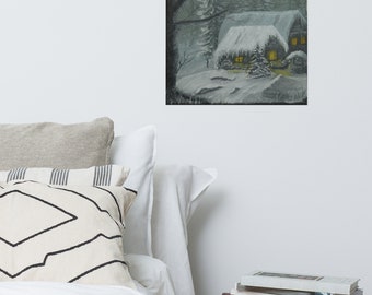 Lámina artística de cabaña invernal: decoración de pared nevada para el hogar