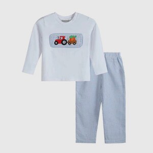 Smocked Tractor and Pumpkin Pants Set - Blue Seersucker