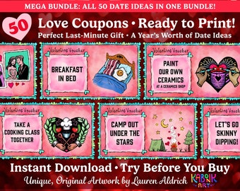 Love Coupon MEGA Bundle, 50 Valentine’s Vouchers, a full year of date night ideas, perfect last-minute gift for couples, ready to print