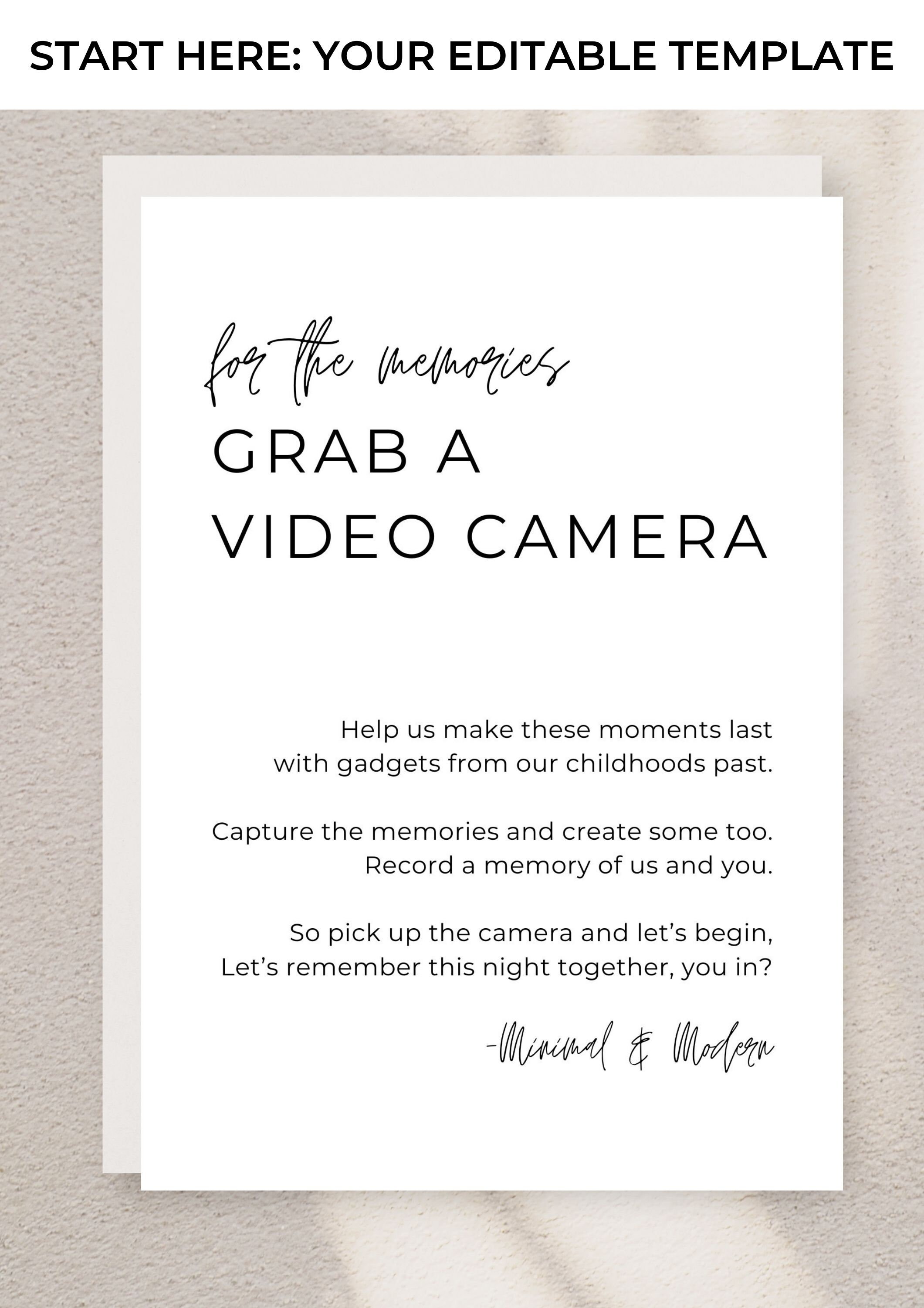 Video Camera Event Sign | Minimalist Modern Wedding Sign | Template ...