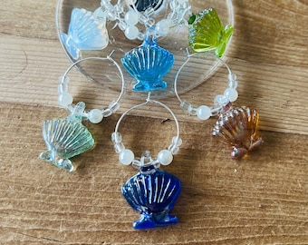 6 Glass Shell Wine Charms, Beach Wine Glass Charms