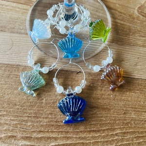 6 Glass Shell Wine Charms, Beach Wine Charms, Sea Shell Wine Charms image 1