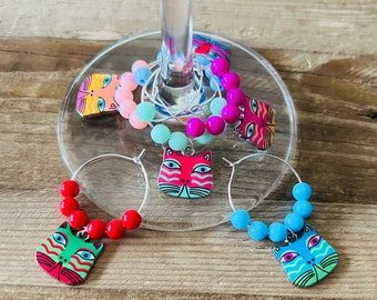 6 Cat Mask Wine Glass Charms, Cat Wine Charms, Colorful Cat Wine Charms