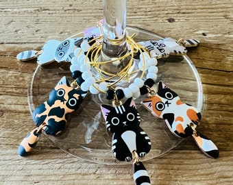 6 Cat Wine Glass Charms, Kitty Wine Charms