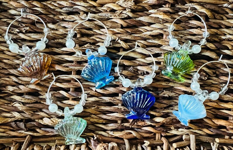 6 Glass Shell Wine Charms, Beach Wine Charms, Sea Shell Wine Charms image 2