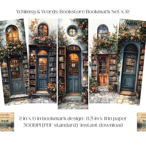 Whimsy and Words: Bookstore Bookmark Set x 12, 2in x 6in, Digital Bookmarks, PDF Download, Gift for Her, Gift for Teacher, Cottagecore