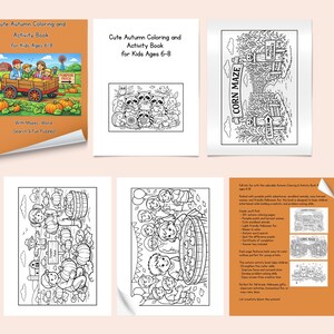 Puede incluir: Un libro de actividades para niños con una portada naranja. El título es "Cute Autumn Coloring and Activity Book for Kids Ages 6-8". Incluye páginas para colorear y un laberinto de maíz.