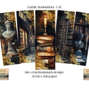 Gotiska hyllor och tysta trappor - Dark Academia Library-bokmärken (12-pack) - Digital, PDF-nedladdning direkt