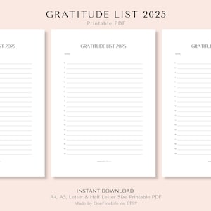 Lista de gratitud 2025/Gratitud imprimible/Registro de gratitud/Diario de gratitud/A4/A5/Carta/Media carta/Descarga instantánea en PDF/PDF imprimible