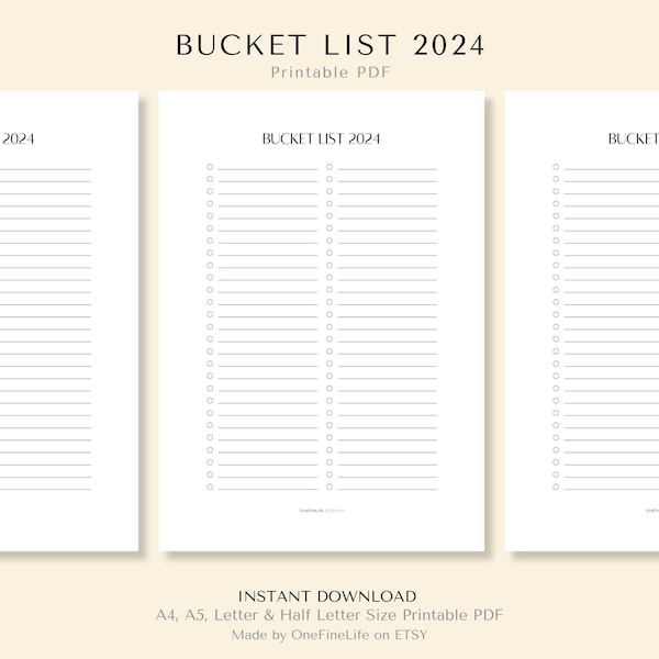 Bucket List 2024| Bucket List PrintableI Bucket List Check List| A4/A5/Letter/Half Letter| Instant Download PDF| Printable PDF