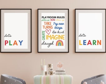 Playroom wall art - let's play, let's learn, playroom rules for kids room, play room, living room, children's play area, day home