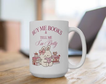 Bunny Mug,Book Lover Mug,Kawaii Cup for Bookworms,Cozy Aesthetic Gift for Librarian,Birthdays,Mother's Day Gift,Bookish Mug,Cottagecore