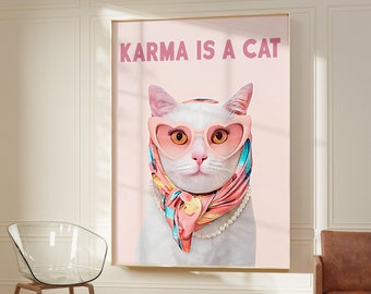 Karma Is A Cat Taylor Print Trendy Midnights Song Wall Art Digital Artwork Preppy Cat Illustration Poster Swiftie Dorm Room Decor