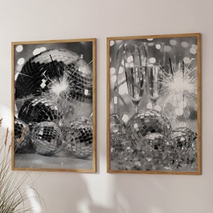 Disco Ball Set Of 2 Piece Wall Art Birthday Party Poster Digital Download Black White Mirrorball Printable Girly Dorm Room Decor