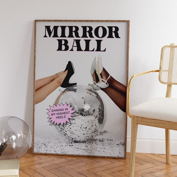 Taylor Mirrorball Poster Trendy Woman Heels On Disco Ball Wall Art Digital Artwork Folklore Song Illustration Preppy Swiftie Dorm Room Decor