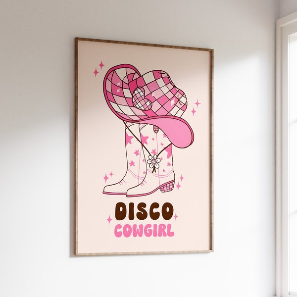 Disco Cowgirl Poster Preppy Wall Art Girls Dorm Room Decor Cowgirl Boots Prints Digital Download South Western Art Trendy Country Printable