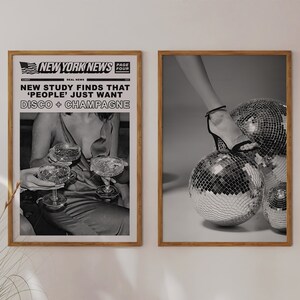 Disco Champagne Poster Retro Bar Cart Wall Art Black White Printable Disco Ball Print Digital Download Female Cocktail Sign Dorm Room Decor