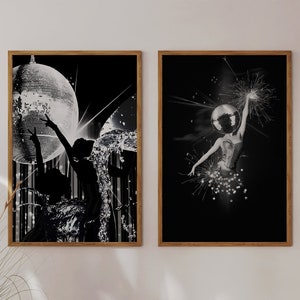 Disco 1970s Party Wall Art Black and White Bar Cart Art Decor Retro Disco Poster Woman Dancing Printable Funky Disco Ball Prints