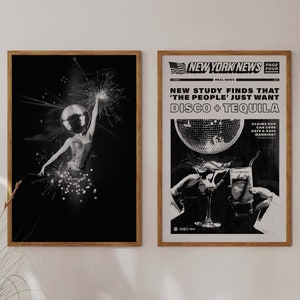 Disco Tequila Print Female Head Disco Ball Poster Black White Digital Download Retro Bar Cart Wall Art Girly Dorm Room Decor Cocktail Bundle