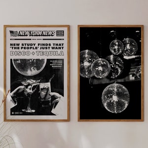 Disco Tequila Bundle Print Disco Ball Poster Black White Bar Cart Wall Art Digital Download Vintage Bar Cocktail 1970s Party Decoration