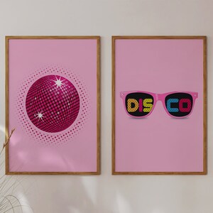 Preppy Disco Wall Art Disco Ball Poster Pink Girly Dorm Room Decor Digital Download Funky Music Printable 2 Pieces Bundle Groovy Vibes Print