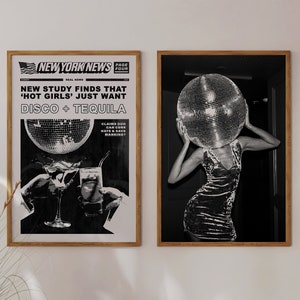 Disco Tequila Hot Girls Poster Black White Bar Cart Wall Art Digital Download 2 Pieces Bundle Retro Kitchen Print Woman Disco Ball Printable