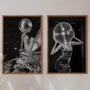 Female Disco Ball Head Wall Art Surrealism Mirrorball Poster Black White Printable Digital Download Retro Bar Cart Art Decor Disco 70s Print