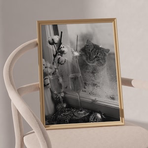 Cat Champagne Flutes Print Trendy Bar Cart Wall Art Digital Download Black White Alcohol Poster Girly Dorm Room Decor Retro Cat Lover Gift