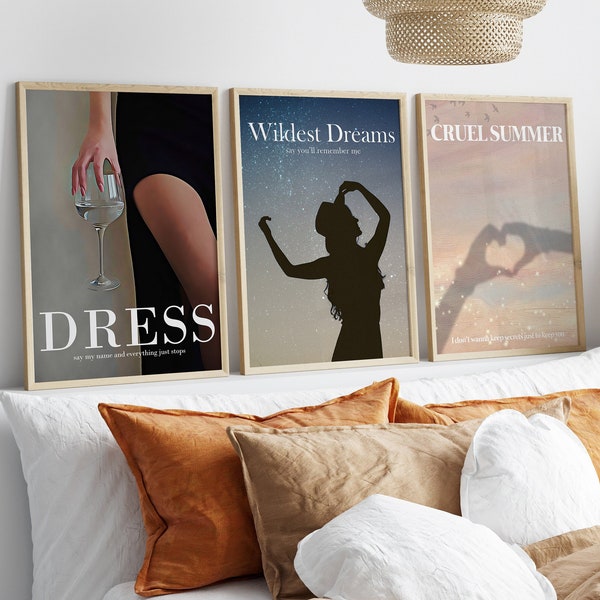 Taylor Set Of 3 Piece Wall Art Trendy Music Lyrics Illustration Poster Dress Cruel Summer Wildest Dreams Swiftie Print Dorm Room Decor