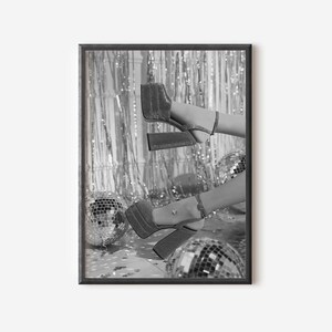 Retro Disco Ball Poster Black And White Disco Prints Woman Disco Heels Wall Art Digital Print Modern Bar Cart Decor Girls Dorm Room Wall Art