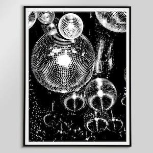 Funky Disco Ball Poster Retro Vintage Print Disco 70s Party Wall Art Girly Dorm Room Decor Digital Download Black White Mirrorball Printable