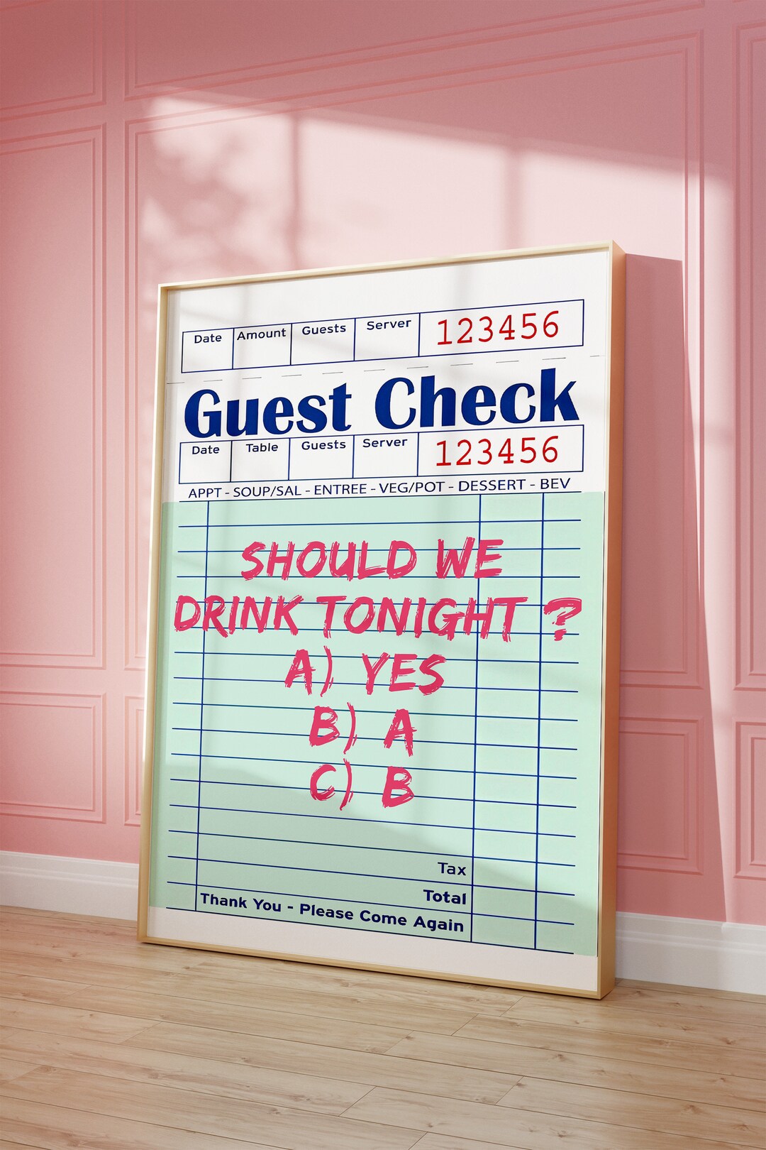 Guest Check Print Funny Bar Cart Wall Art Digital Download Pink Kitchen ...