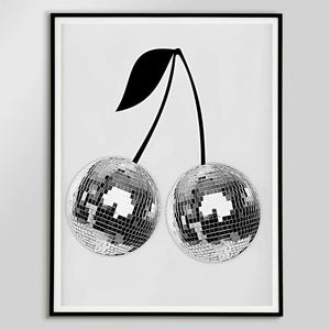 Cherry Disco Ball Poster Retro Bar Cart Wall Art Digital Download Black And White Disco Ball Wall Art Trendy Girls Room Decor Mirrorball Art