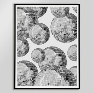 Black and White Groovy Disco Ball Poster Retro Bar Cart Wall Art Digital Prints Mirrorball Wall Art Girls Dorm Room Decor Trendy Disco Ball