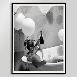 Woman Holding Champagne Flutes Wall Art Black And White Bar Cart Poster Digital Prints Bathroom Wall Art Champagne Prints Girls Room Decor